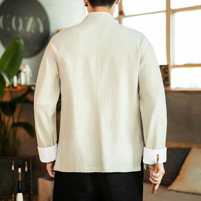 Buddha Stones Tang Suit Frog-Button Crane Embroidery Long Sleeve Cotton Men's Shirt