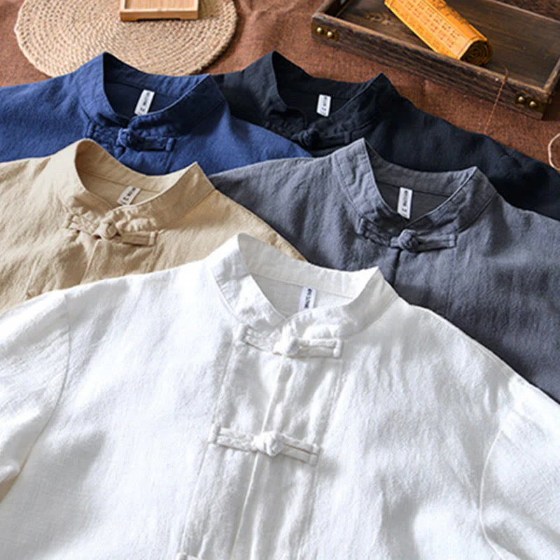 Buddha Stones Frog-Button Chinese Tang Suit Cotton Linen Men Jacket Shirt With Pockets