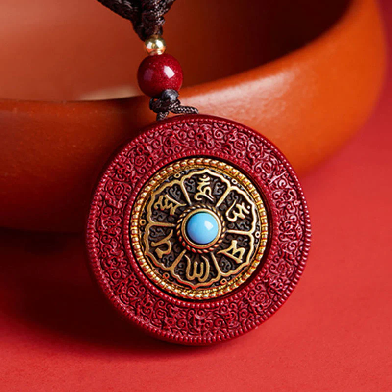 Buddha Stones Natural Cinnabar Om Mani Padme Hum Rotatable Scripture Yin Yang Pattern Blessing Necklace String Pendant