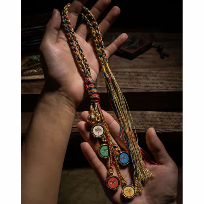 Buddha Stones Tibet Handmade Five God Of Wealth Thangka Protection Wall Car Hanging Decoration