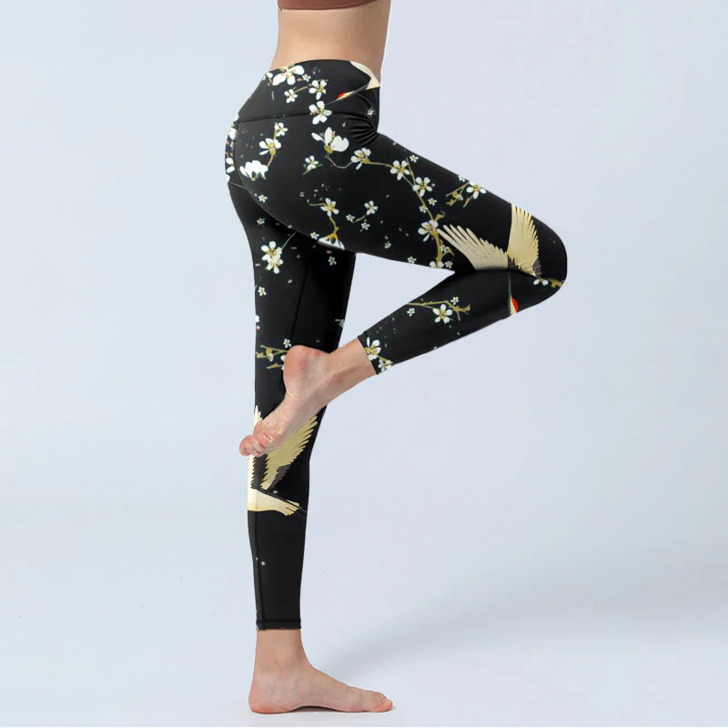 Buddha Stones Red-crowned Cranes Plum Blossoms Pattern Print Gym Leggings Women's Yoga Pants