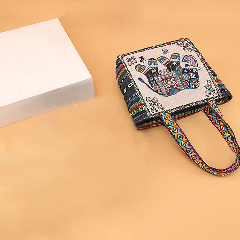 Buddha Stones Elephant Butterfly Embroidered Large Capacity Canvas Tote Bag Shoulder Bag