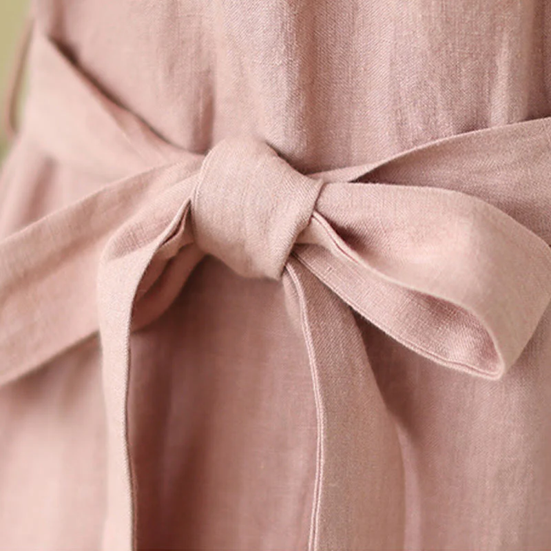 Buddha Stones Casual Plain Drawstring Button Cotton Linen Midi Dress With Pockets