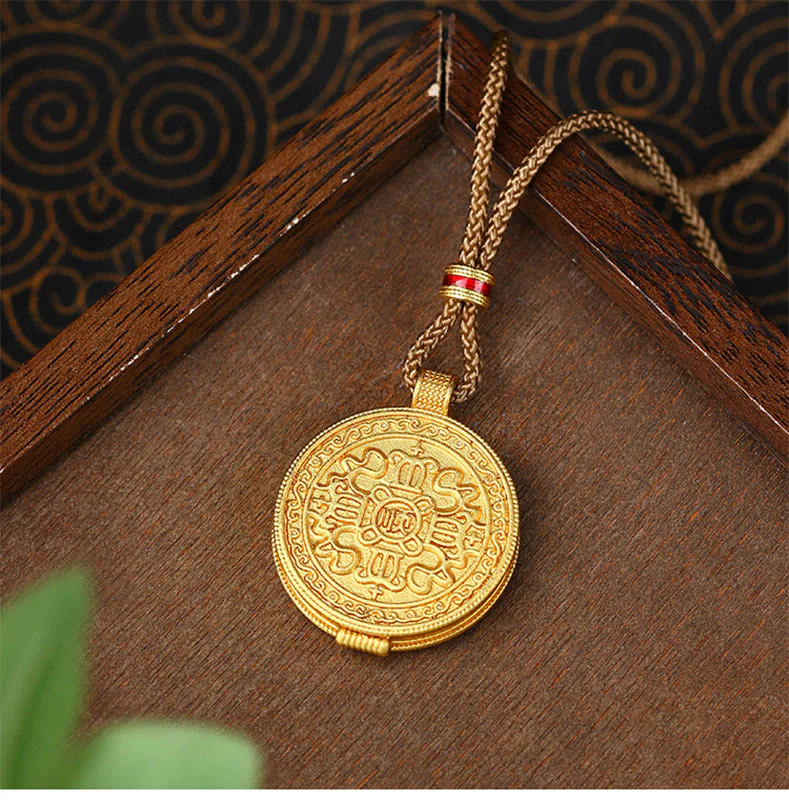 Buddha Stones Om Mani Padme Hum Openable Copper Plated Gold Wealth Necklace Pendant