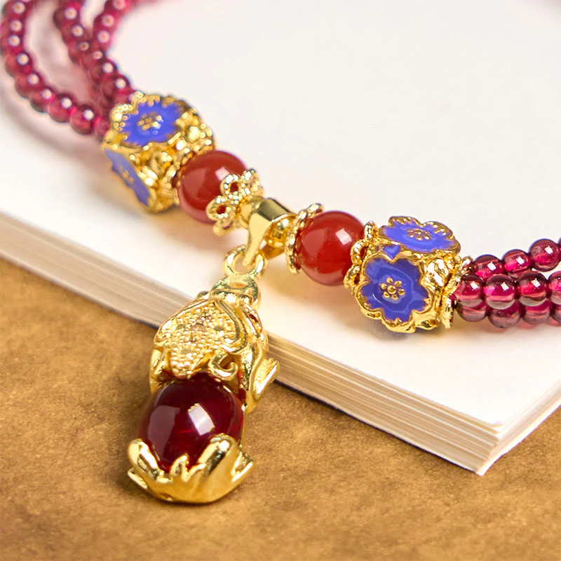 Buddha Stones Natural 3mm Garnet Beads PiXiu Flower Purification Multilayer Bracelet