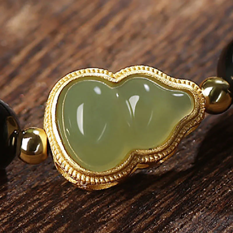 Buddha Stones Natural Black Obsidian Hetian Jade Gourd Double Happiness Strength Bracelet
