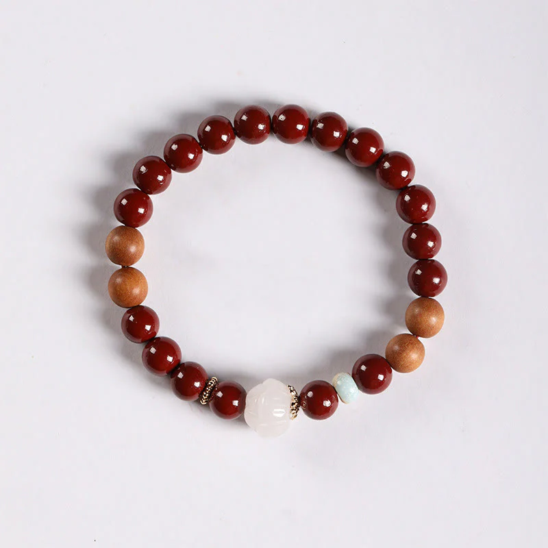 Buddha Stones Cinnabar Wood Beads Lotus Fu Character Blessing Bracelet