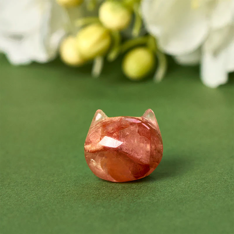 Buddha Stones 925 Sterling Silver Cat Head Natural Red Flower Quartz Protection Necklace Pendant