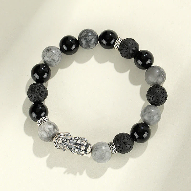 Buddha Stones 999 Sterling Silver PiXiu Black Onyx Grey Jasper Lava Rock Protection Bracelet