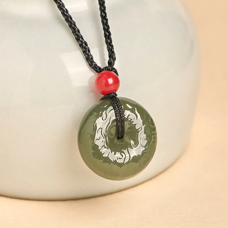 Buddha Stones Peace Buckle Auspicious Clouds Cyan Jade Necklace Luck Pendant