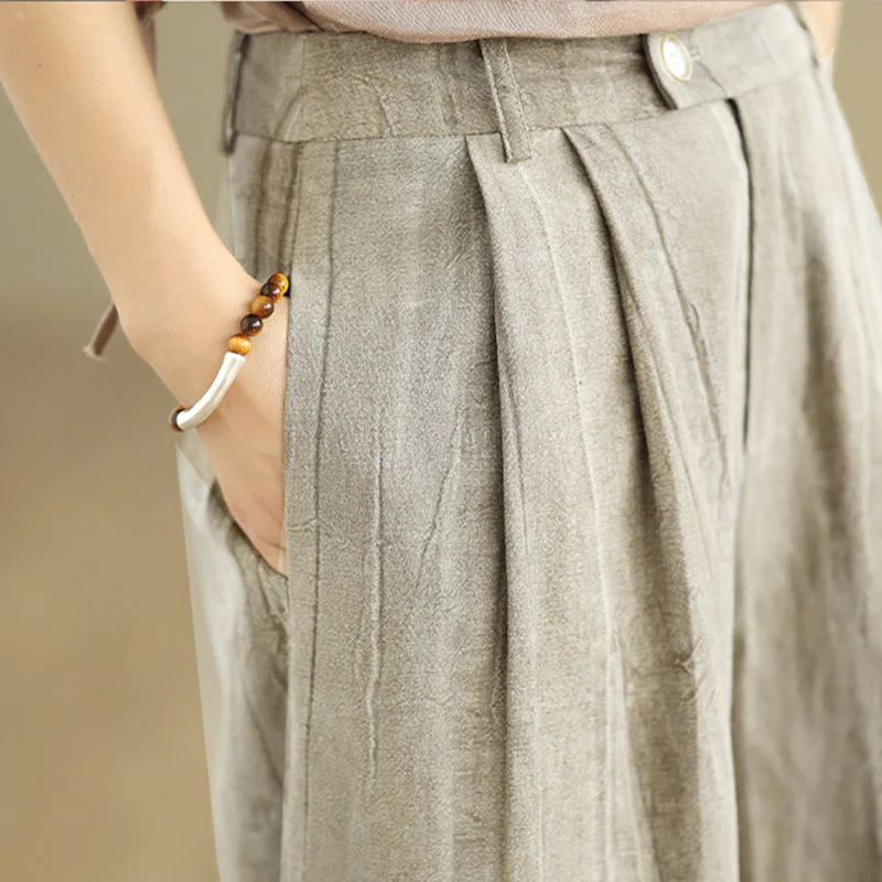 Buddha Stones Casual Tan Women's Cotton Elastic Waist  Wide Leg Pants With Pockets