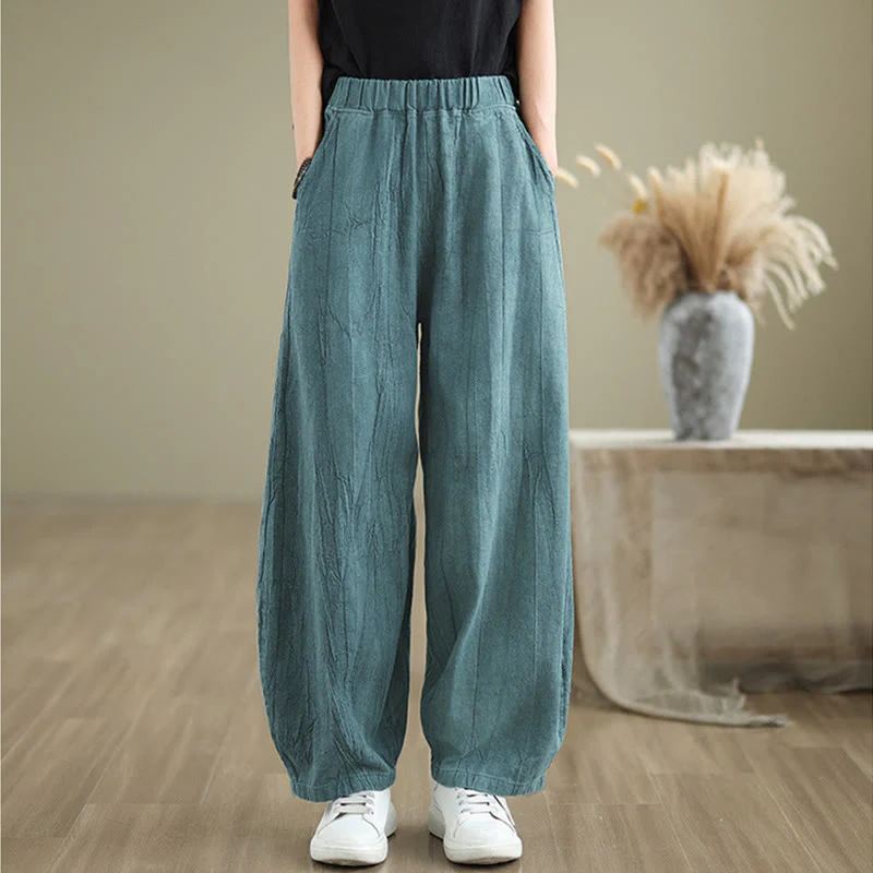Buddha Stones Casual Plain Women's Cotton Linen Harem Pants With Pockets
