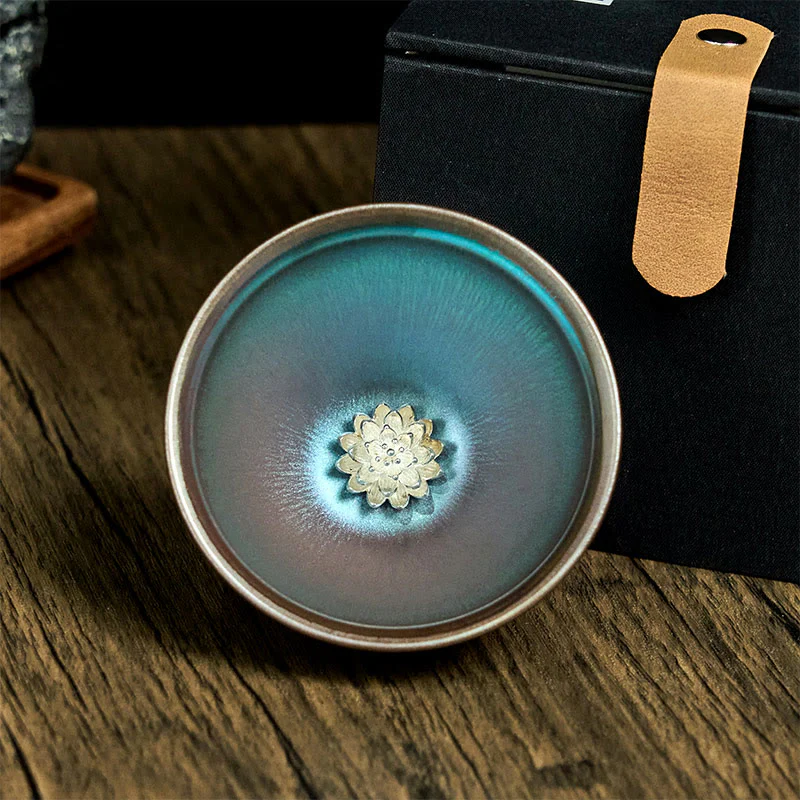 Buddha Stones Handmade Chinese Jianzhan Lotus Flower Blue Purple Ceramic Teacup Kung Fu Tea Cup 150ml