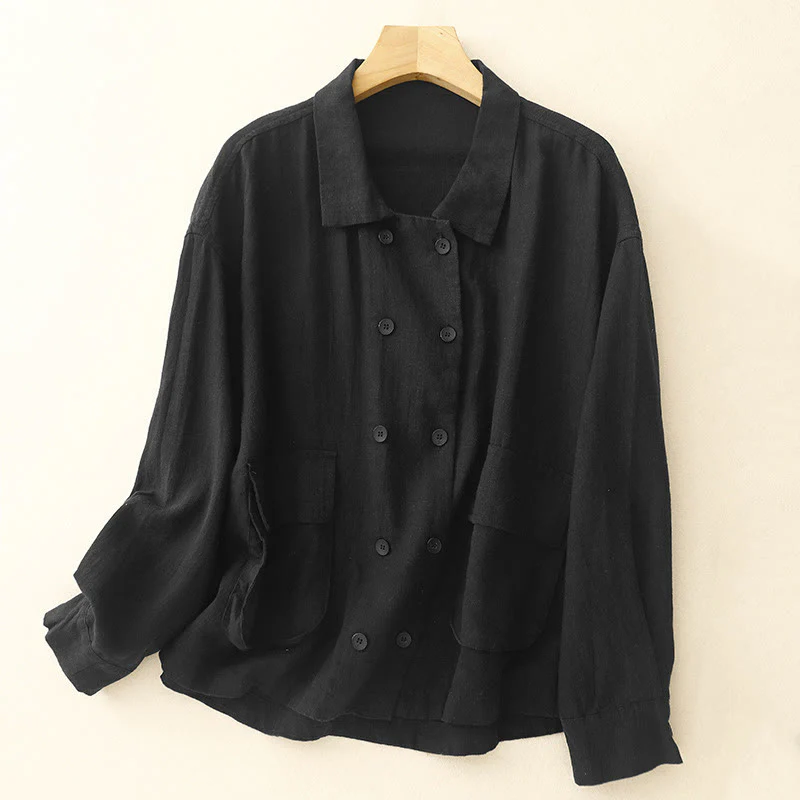 Buddha Stones Double‑Breasted Design Long Sleeve Women's Cotton Linen Jacket With Pockets
