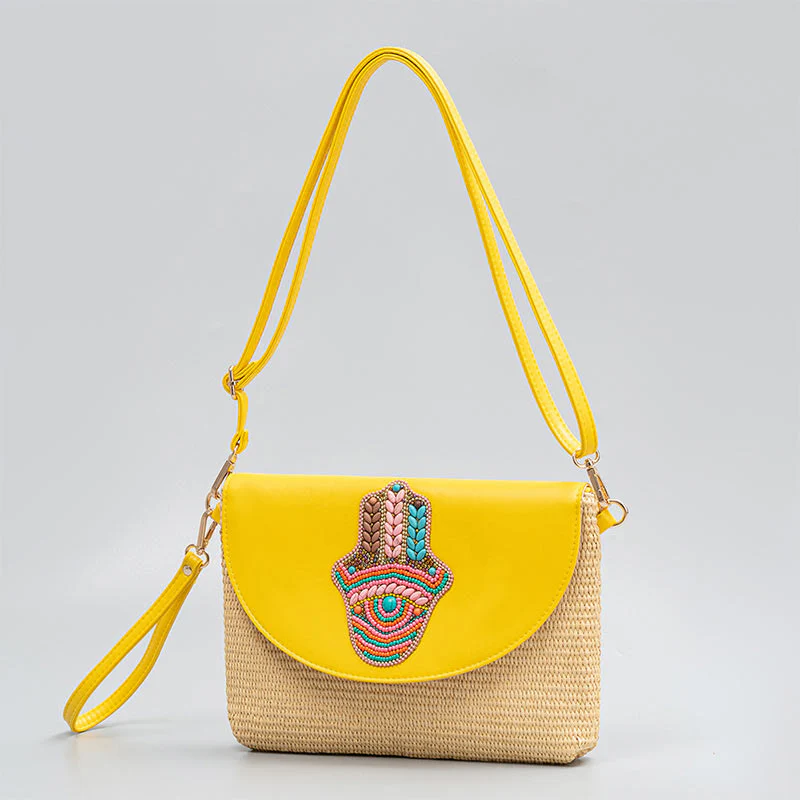 Buddha Stones Hamsa Elephant Flower Straw Woven Crossbody Bag Shoulder Bag Handbag