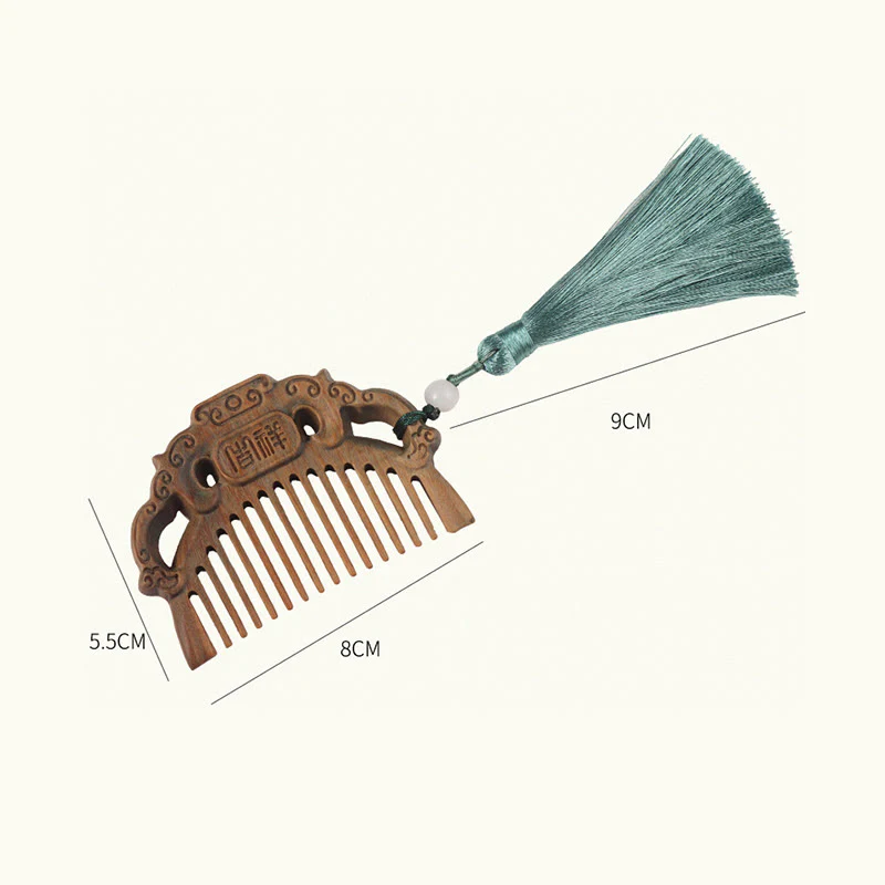 Buddha Stones Green Sandalwood Fox Peony Flower Lotus Engraved Cure Tassel Comb