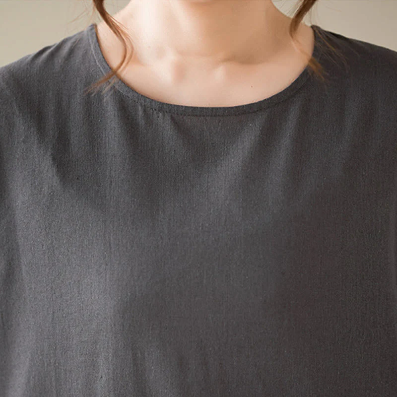 Buddha Stones Casual Plain Crew Neck Cotton Linen Midi Dress With Pockets