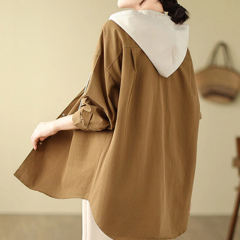 Buddha Stones Casual Commute Drawstring Hoodie Women's Cotton Linen Jacket With Pockets