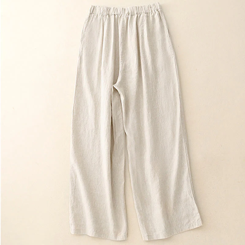 Buddha Stones Wild Plain Cotton Linen Women's Wide Leg Pants With Pockets