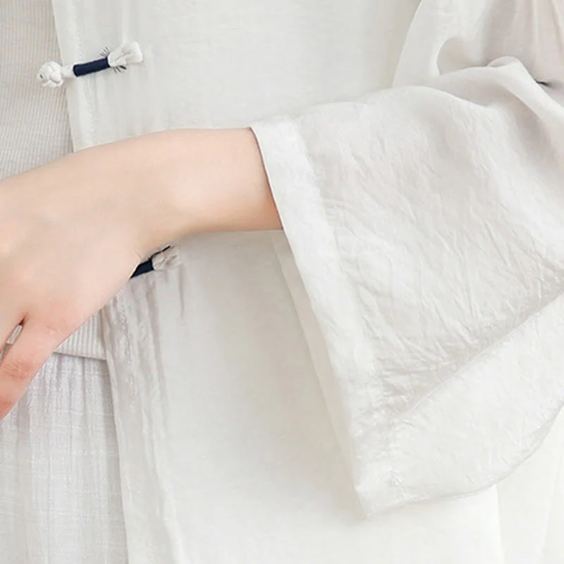 Buddha Stones 2pcs Casual Women's Frog Button Shirt Loose Pants Meditation Clothing Set