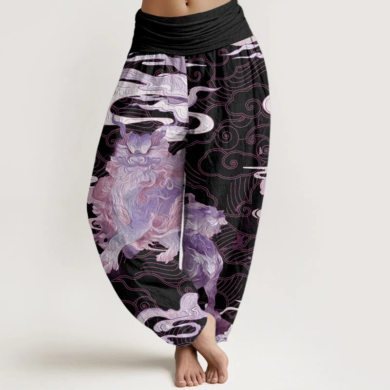 Buddha Stones Pure Cotton PiXiu Auspicious Clouds Pattern Women's Elastic Waist Harem Pants
