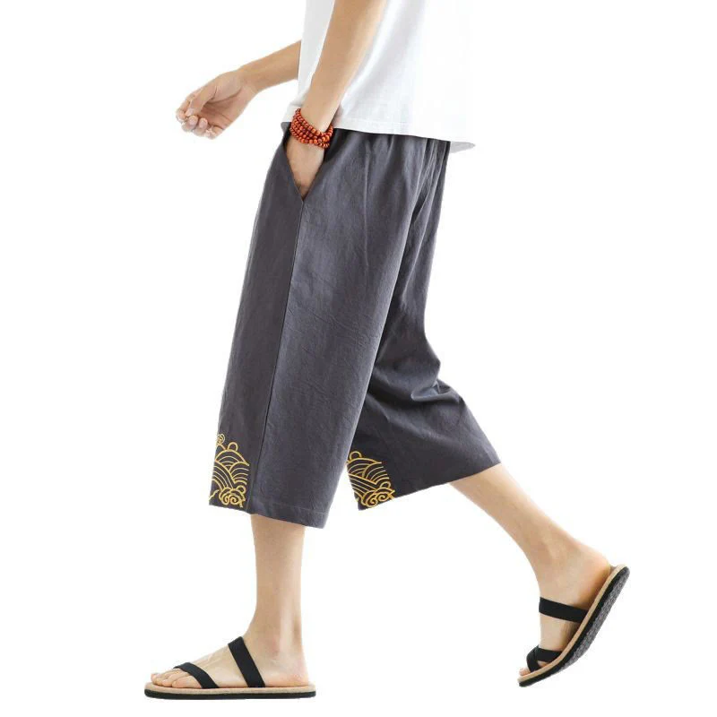 Buddha Stones Spring Casual Embroidery Drawstring Men's 7-8 Length Cotton Linen Harem Pants With Pockets
