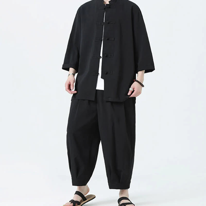 Buddha Stones 2Pcs Solid Frog-Button Three Quarter Sleeve Shirt Pants Men's Set