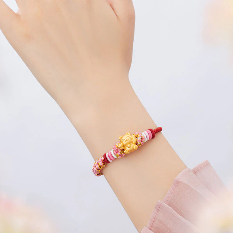 Buddha Stones Handmade 999 Sterling Silver Fortune Cat Ingot Peach Blossom Luck Red Rope Bracelet