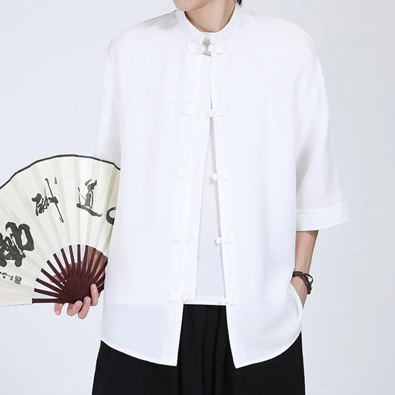 Buddha Stones Plain Tang Suit Frog-Button Design Men's Half Sleeve Shirt