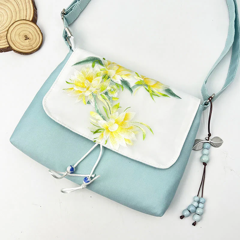 Buddha Stones Embroidered Camellia Epiphyllum Gardenia Sakura Flowers Crossbody Bag Shoulder Bag Cellphone Bag
