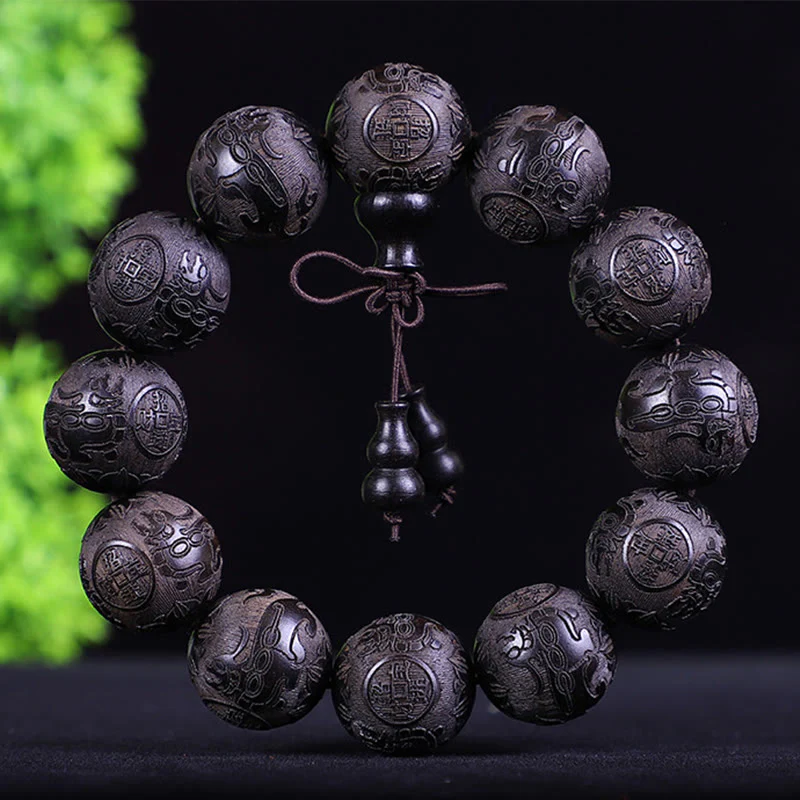 Buddha Stones Chinese Zodiac Rosewood Ebony Copper Coin PiXiu Carved Warmth Bracelet