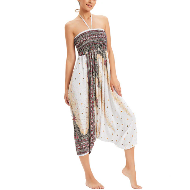 Buddha Stones Two Style Wear Peacock Feather Loose Smocked Harem Trousers Jumpsuit High Waist Pants