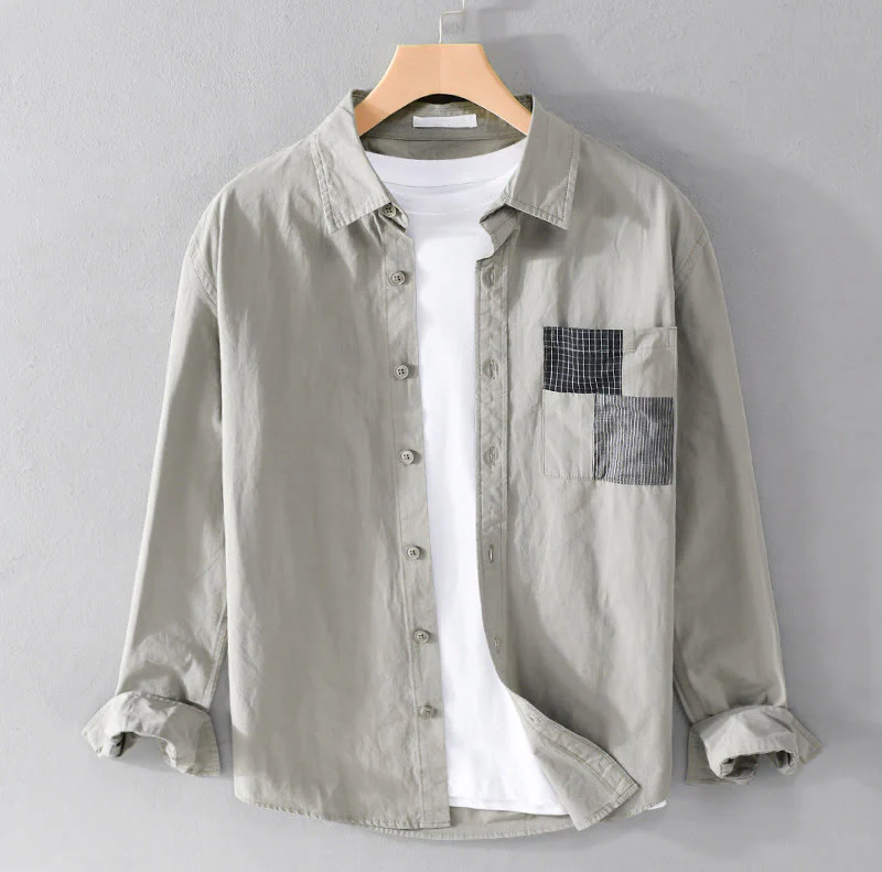 Buddha Stones Spring Daily Line Patchwork Design Lapel Men's Long Sleeve Cotton Linen Shirt With Pockets