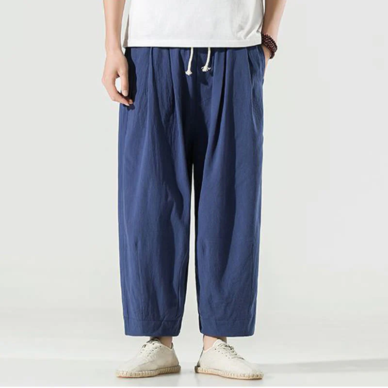 Buddha Stones Plain Color Cotton Linen Men's Ankle-Length Harem Pants With Pockets