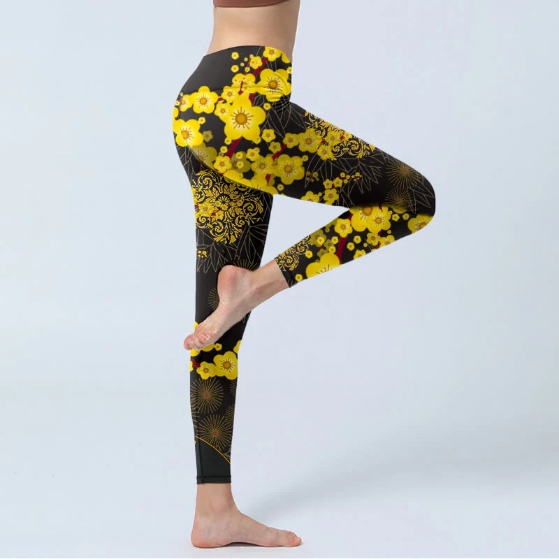 Buddha Stones Yellow Cherry Blossoms Bamboo Leaves Firework Pattern Print Gym Leggings Women's Yoga Pants