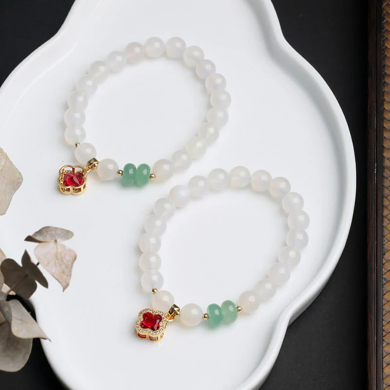 Buddha Stones Natural White Agate Red Agate Money Bag Fu Character Four Leaf Clover Protection Bracelet