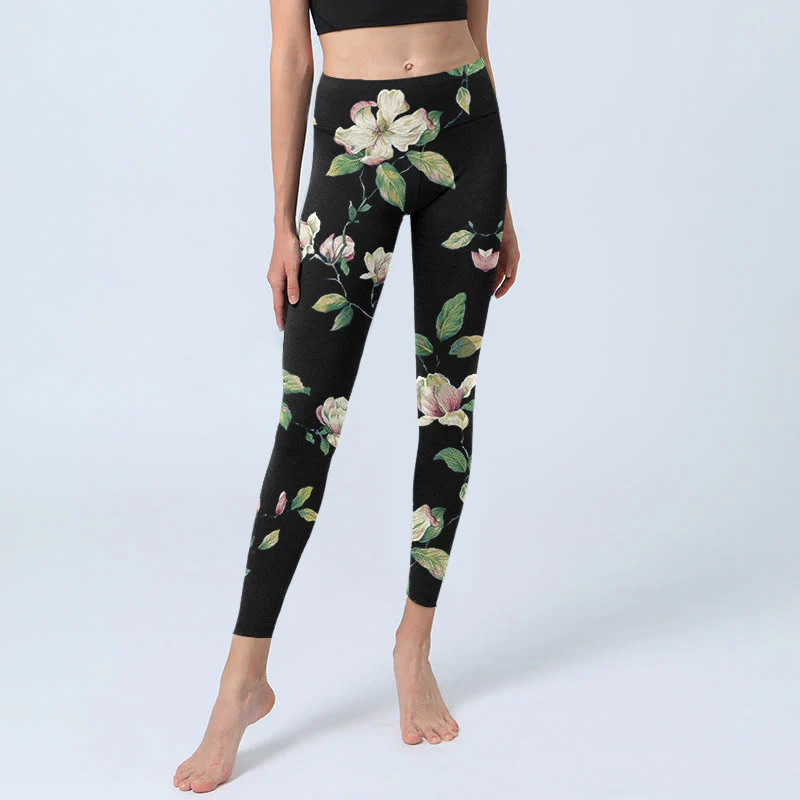 Buddha Stones Magnolia Flower Pattern Print Gym Leggings Women's Yoga Pants