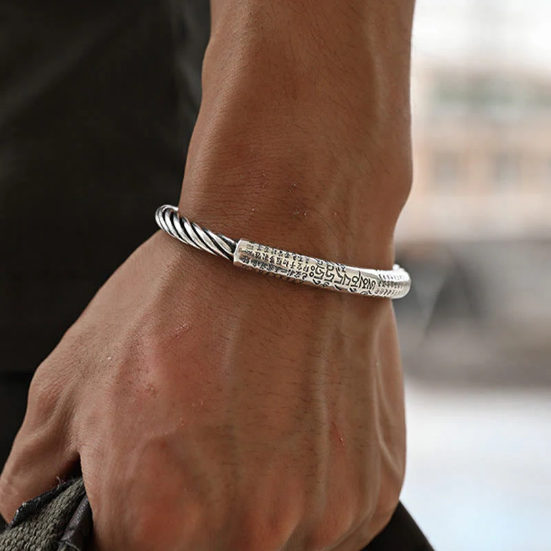 Buddha Stones 999 Sterling Silver Six True Words Heart Sutra Braided Design Lotus Protection Bracelet Bangle