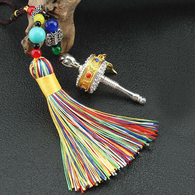 Buddha Stones Tibet Om Mani Padme Hum Prayer Wheel Tassel Bag Car Hanging Decoration