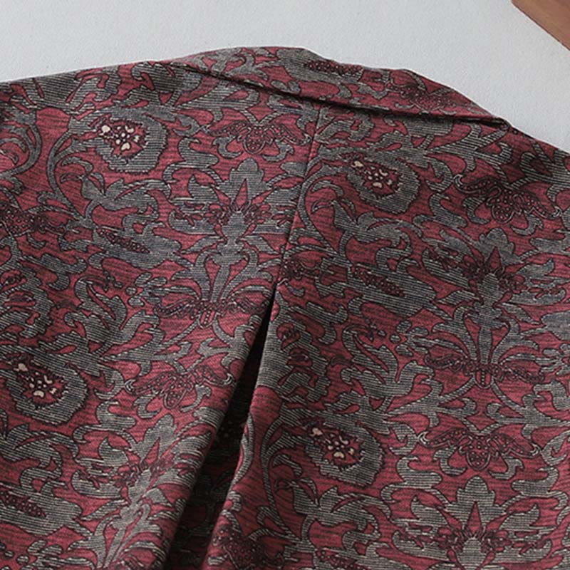 Buddha Stones Brown Retro Printing Floral Pattern Lapel Cotton Linen Midi Dress With Pockets