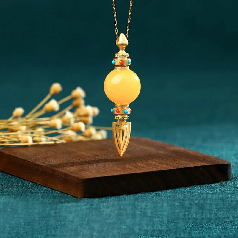 Buddha Stones 24K Gold Plated Amber Dorje Vajra Clear Anxiety Necklace Pendant