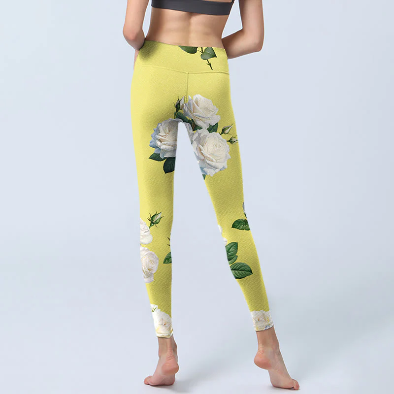 Buddha Stones Yellow White Rose Print Sports Leggings Women's Yoga Pants