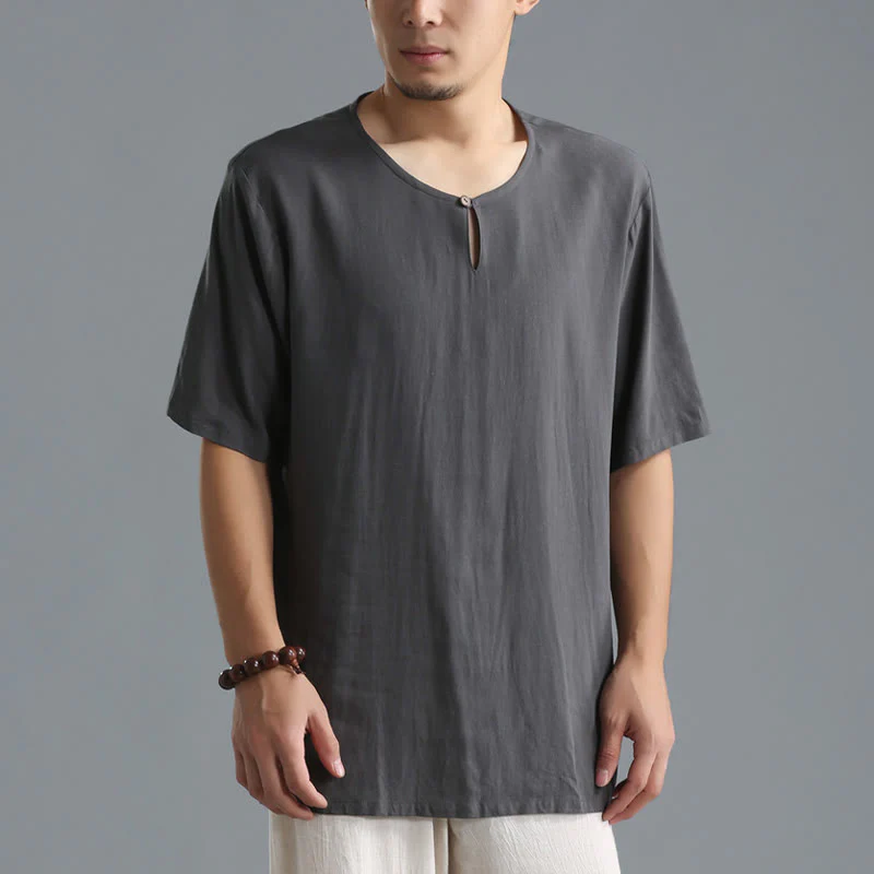 Buddha Stones Men's Solid Color Round Neck Short Sleeve Cotton Linen Shirt