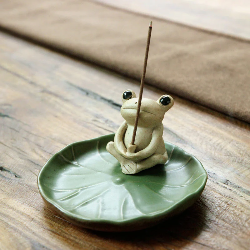 Buddha Stones Handmade Ceramic Stick Frog Incense Burner Decoration