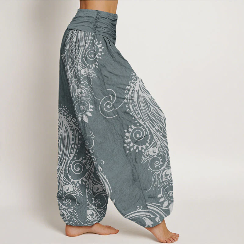 Buddha Stones Casual Peacock Design Women's Elastic Waist Harem Pants