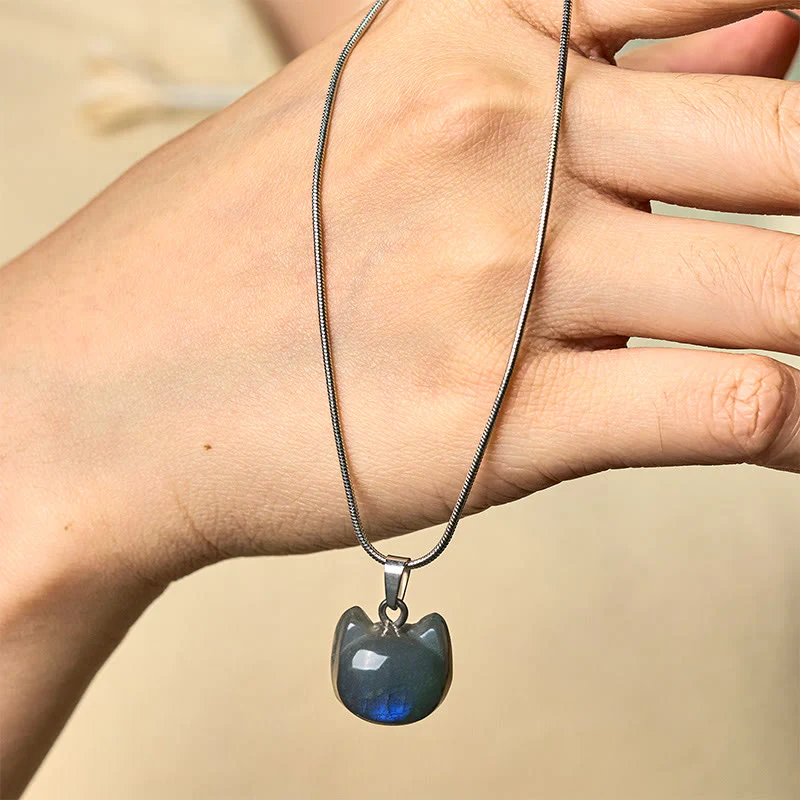 Buddha Stones Natural Cat Pattern Labradorite Healing Necklace Pendant