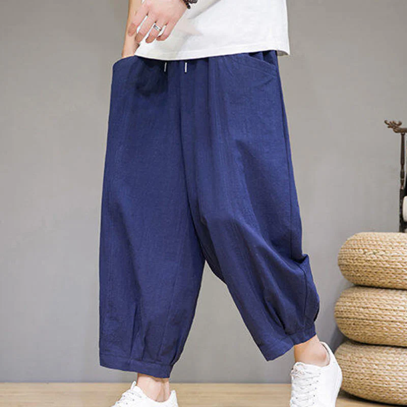 Buddha Stones Casual Plain Men's Cotton 7-8 Length Harem Pants With Pockets