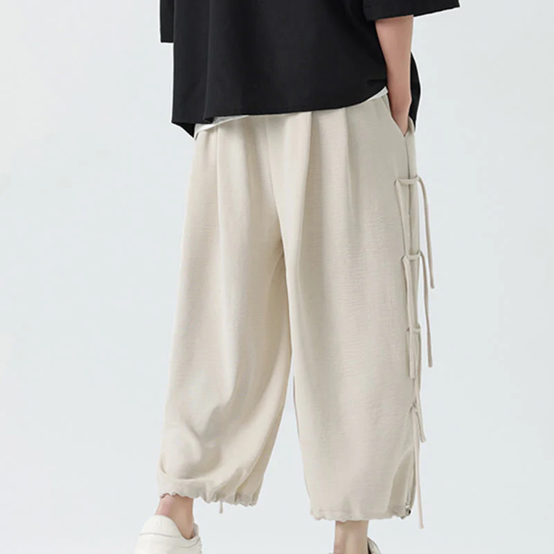 Buddha Stones Casual Loose Lanyard Design Waist Rope Men's 7-8 Length Spandex Pants With Pockets