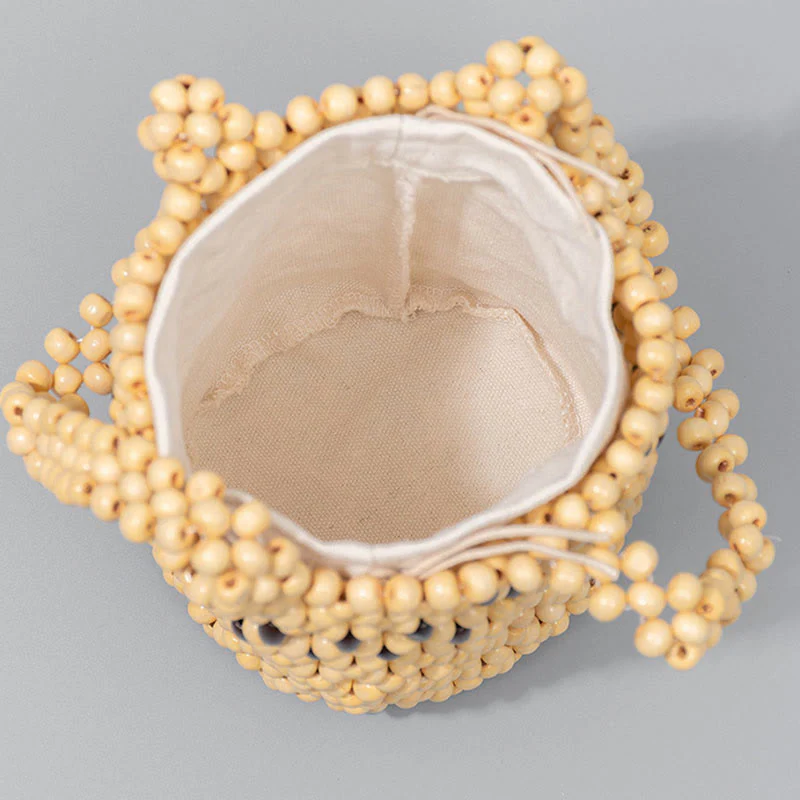 Buddha Stones Hand-woven Bucket Portable Wooden Beads Handbag