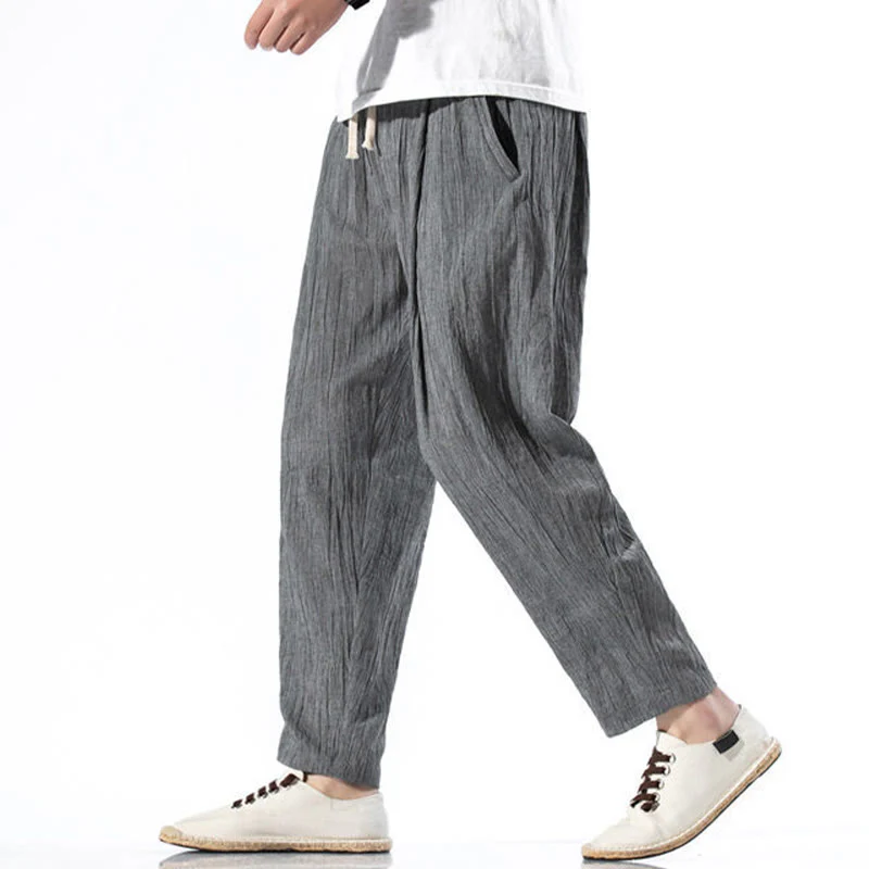 Buddha Stones Casual Plain Pleated Design Drawstring Men's Long Cotton Linen Harem Pants With Pockets